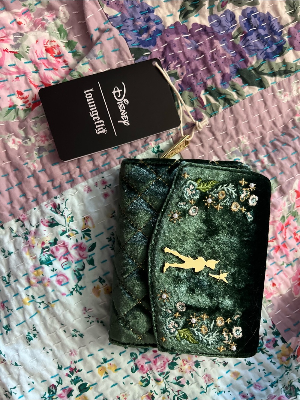 Loungefly Green Velvet Tinker Bell Embroidered Clutch with Gold Charm